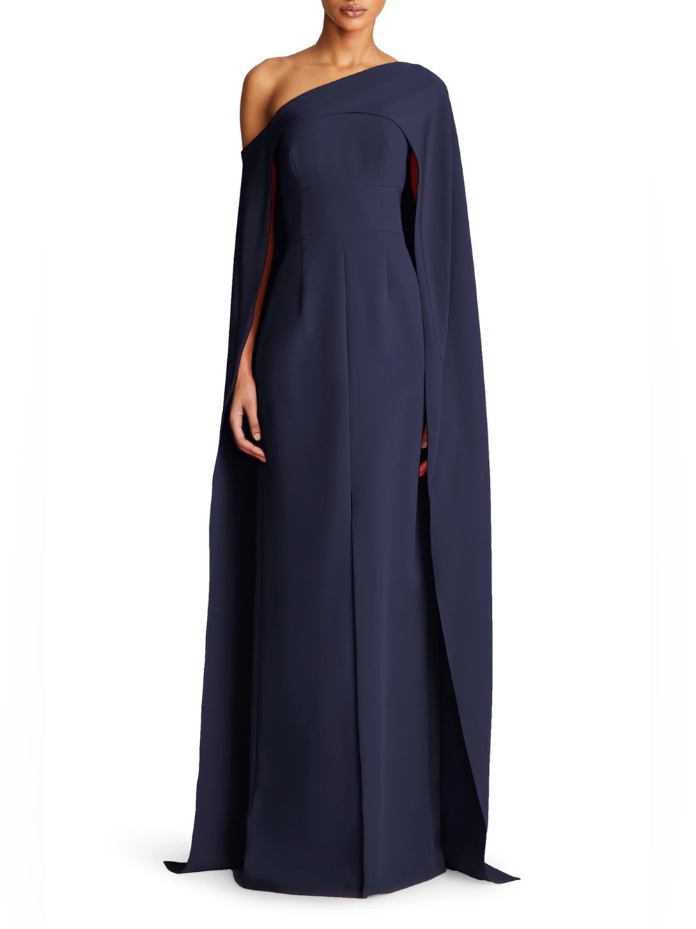 Halston Heritage Elycia Caplet One-Shoulder Navy Crepe Cape Gown
